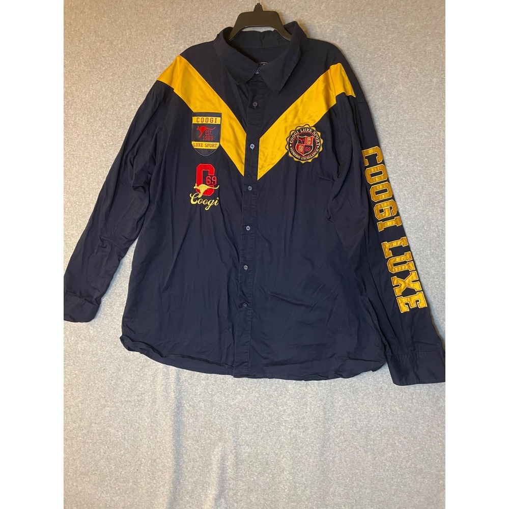 Coogi Luxe Button Up Shirt Mens 5XL Navy Blue BIg Spell Out Patches